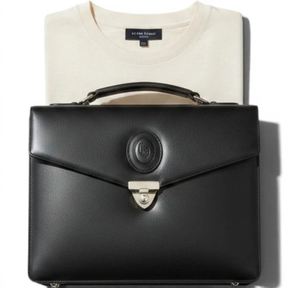 Vintage‎ Black Leather Briefcase Satchel Top Handle Gold Hardware Crest Logo